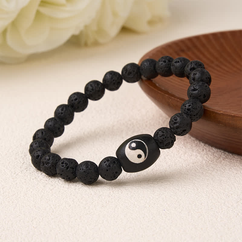 Buddha Stones Bracciale di supporto con perline Yin Yang in onice nera e pietra lavica. - image 1