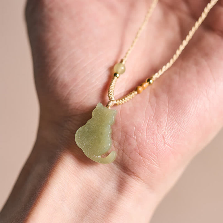 Buddha Stones Collana con ciondolo a forma di gatto in giada e cordino intrecciato, ideale per un'abbondanza di gioielli. - image 5