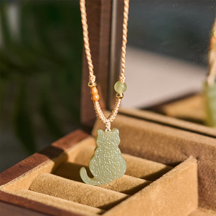 Buddha Stones Collana con ciondolo a forma di gatto in giada e cordino intrecciato, ideale per un'abbondanza di gioielli. - image 4