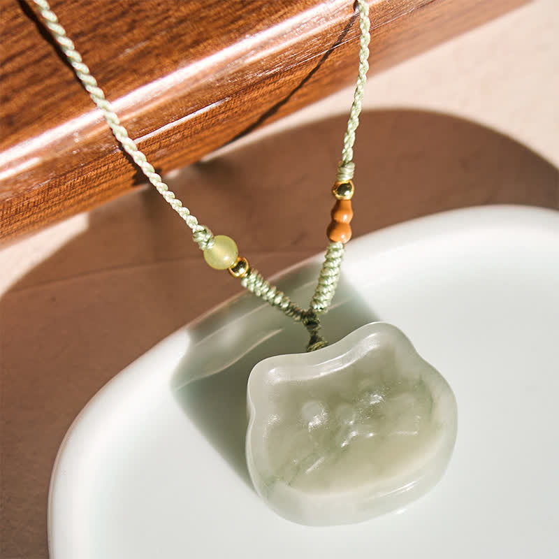 Buddha Stones Collana intrecciata a mano con gatto e giada naturale, simbolo di armonia - image 1