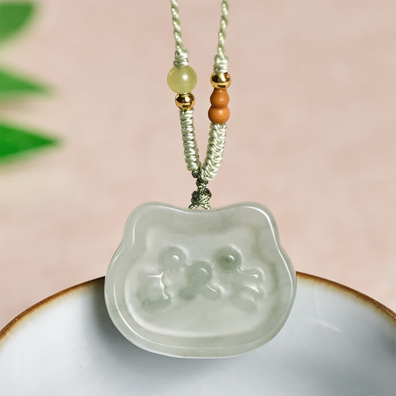 Buddha Stones Collana intrecciata a mano con gatto e giada naturale, simbolo di armonia - Giada naturale (il colore può variare) - image 0