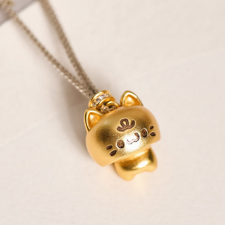 Buddha Stones Collana curativa con ciondolo a forma di gatto in rame placcato oro. - image 3