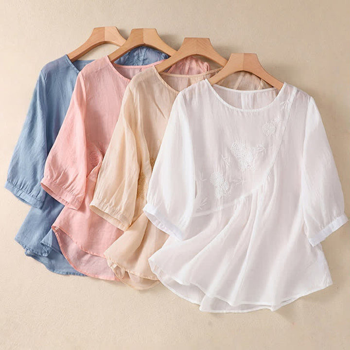 Camicia da donna a maniche corte con scollo rotondo e ricamo floreale "Buddha Stones". - image 28