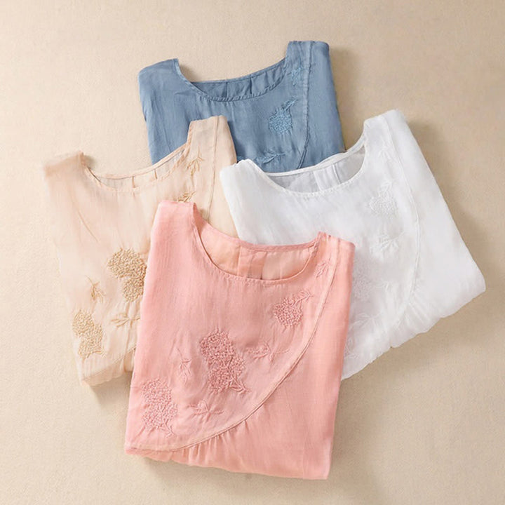 Camicia da donna a maniche corte con scollo rotondo e ricamo floreale "Buddha Stones". - image 27