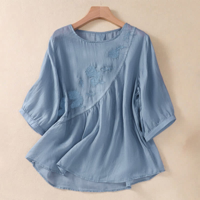 Camicia da donna a maniche corte con scollo rotondo e ricamo floreale "Buddha Stones". - Blu fiordaliso - US8-10, UK/AU12-14, EU40-42 (2XL) - image 0
