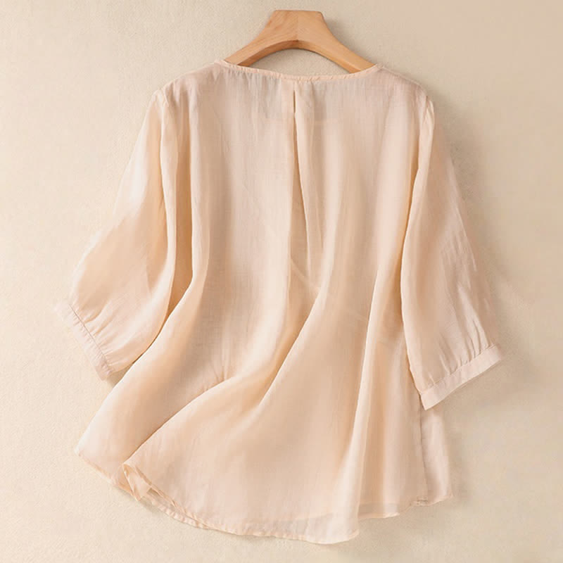 Camicia da donna a maniche corte con scollo rotondo e ricamo floreale "Buddha Stones". - image 23