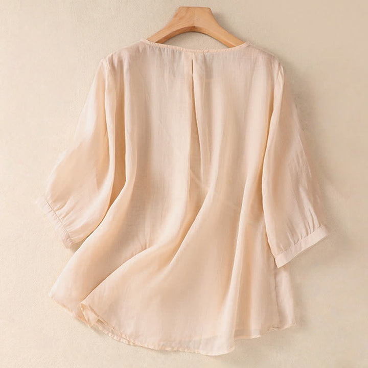 Camicia da donna a maniche corte con scollo rotondo e ricamo floreale "Buddha Stones". - image 23