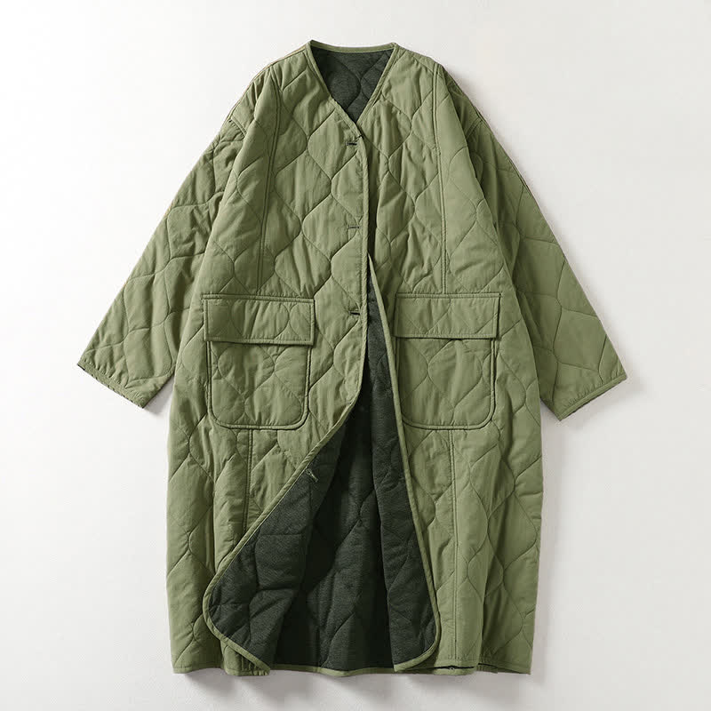 Cappotto da donna in cotone a maniche lunghe con scollo a V e tasche, con bottoni e motivo Buddha Stones. - Verde Mare Scuro - US14, UK/AU18, EU46 (2XL) - image 6