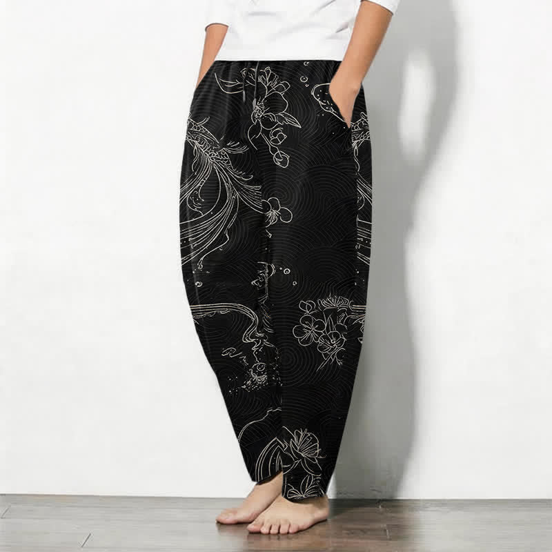 Buddha Stones Pantaloni da uomo affusolati in puro cotone con coulisse e tasche, fantasia floreale a onde con carpe koi. - image 1