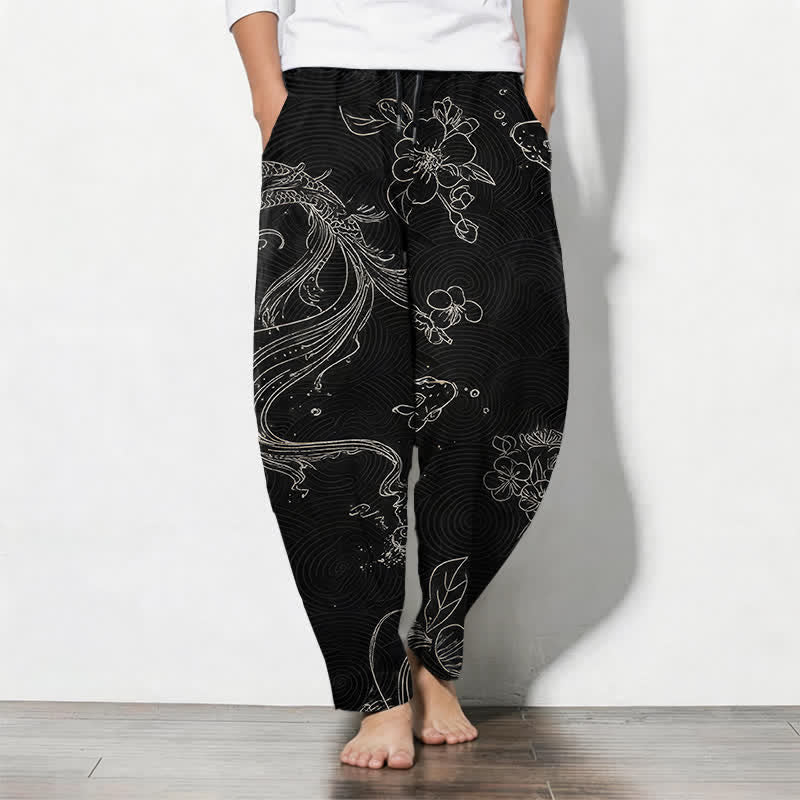 Buddha Stones Pantaloni da uomo affusolati in puro cotone con coulisse e tasche, fantasia floreale a onde con carpe koi. - Nero - US/UK/AU50, EU60 (5XL) - image 0