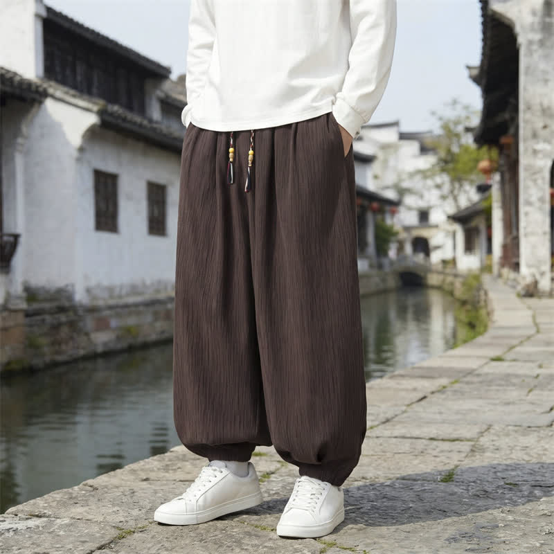 Buddha Stones Pantaloni harem da uomo a tinta unita, casual, vintage, con coulisse, per primavera e autunno, con tasche. - Siena - Regolare - US/UK/AU48, EU58 (6XL) - image 0