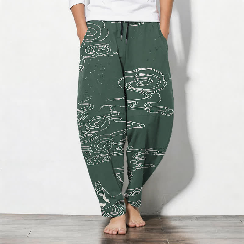 Buddha Stones Pantaloni da uomo affusolati con coulisse e tasche, in puro cotone, con motivo "Nuvola di buon auspicio: Gru", motivo a nuvola e gru. - Verde medio del mare - US/UK/AU50, EU60 (5XL) - image 0