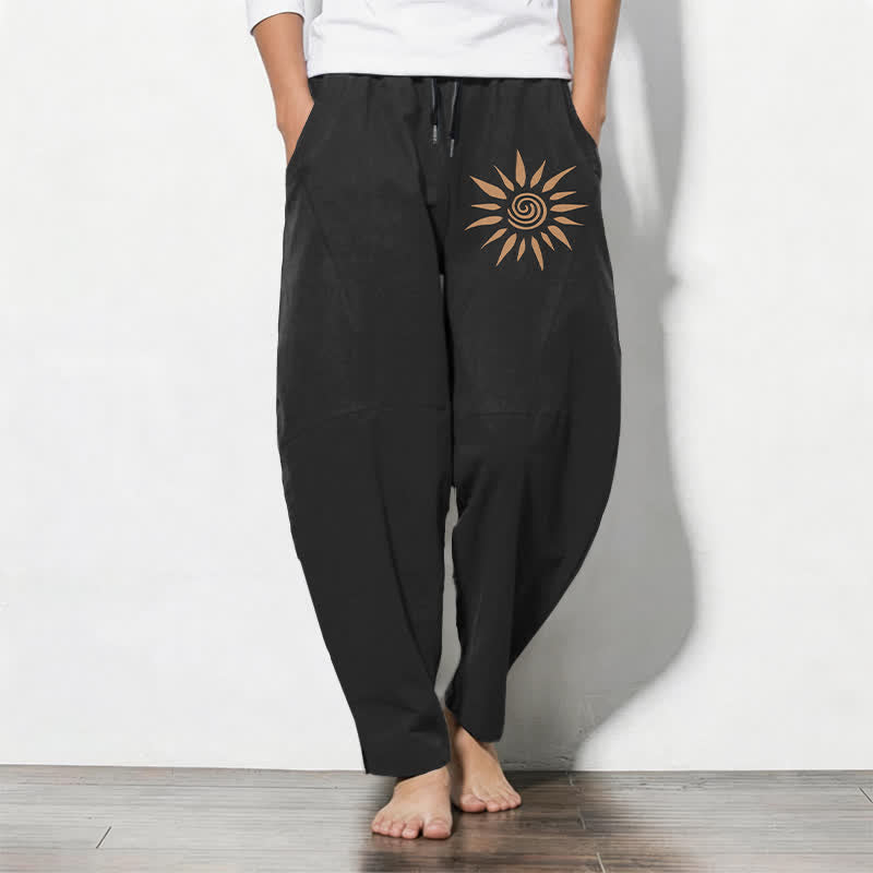 Buddha Stones Pantaloni da uomo affusolati in puro cotone con motivo a spirale e coulisse, con tasche. - Nero - US/UK/AU50, EU60 (5XL) - image 0