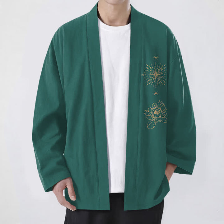 Buddha Stones Kimono da uomo in cotone con apertura frontale e motivo a stella di loto radiosa. - Verde acqua - US/UK/AU48, EU58 (4XL) - image 9