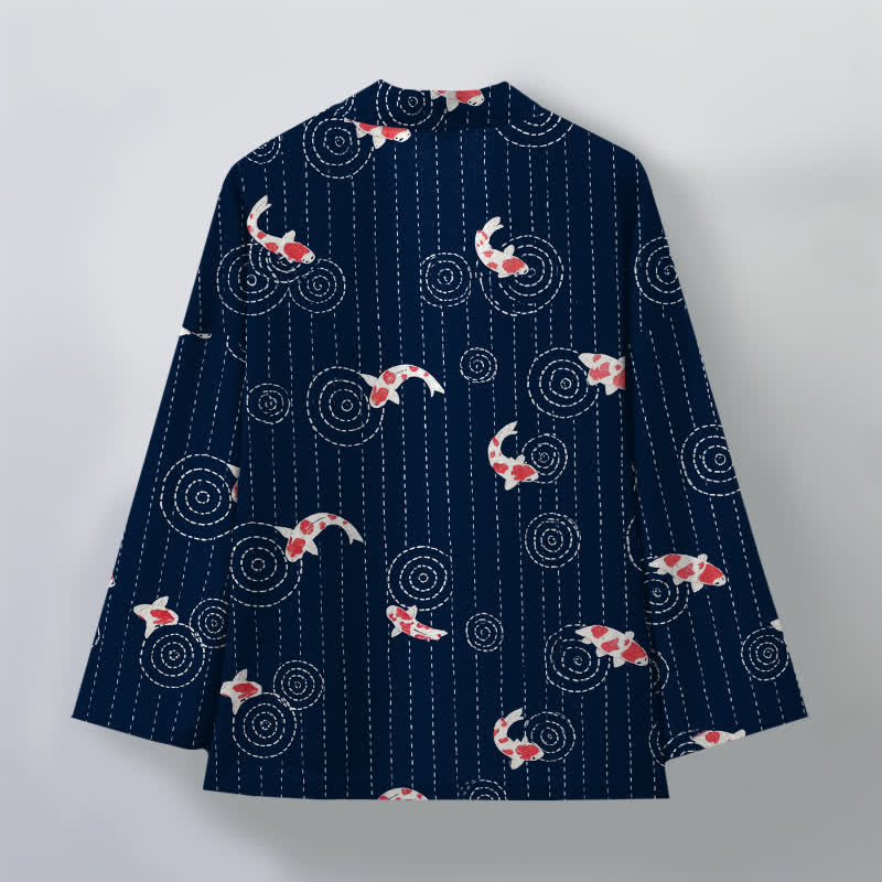 Buddha Stones Kimono da uomo in cotone con motivo a onde di carpa koi e apertura frontale. - image 2