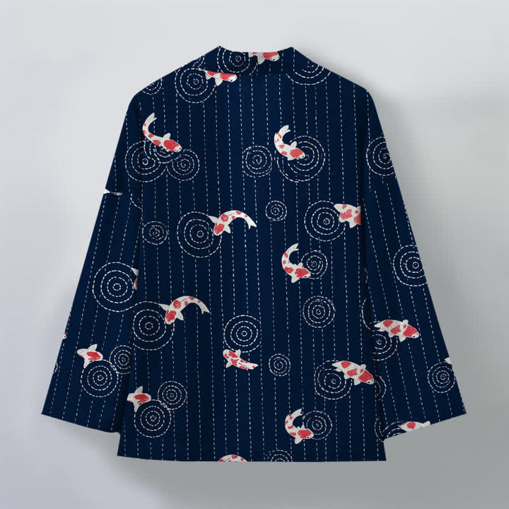 Buddha Stones Kimono da uomo in cotone con motivo a onde di carpa koi e apertura frontale. - image 2