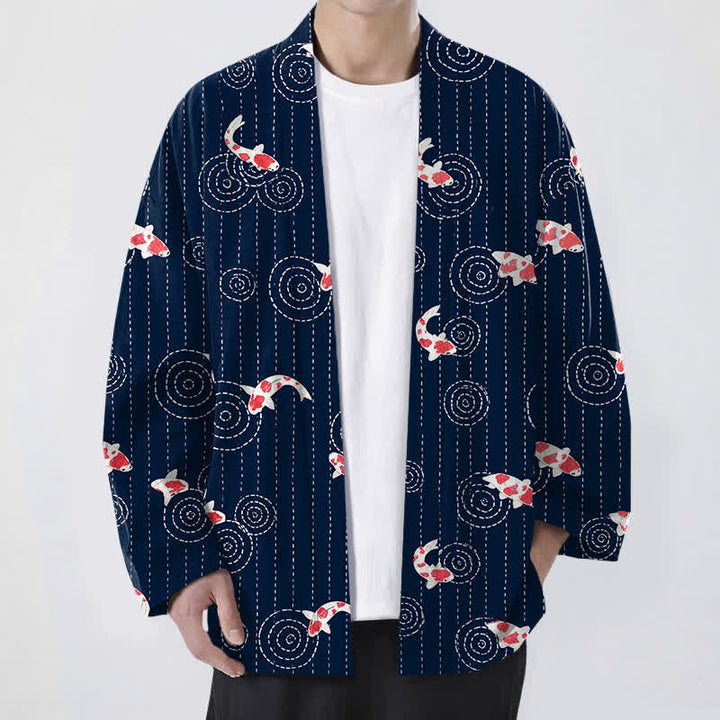 Buddha Stones Kimono da uomo in cotone con motivo a onde di carpa koi e apertura frontale. - Marina - US/UK/AU48, EU58 (4XL) - image 0
