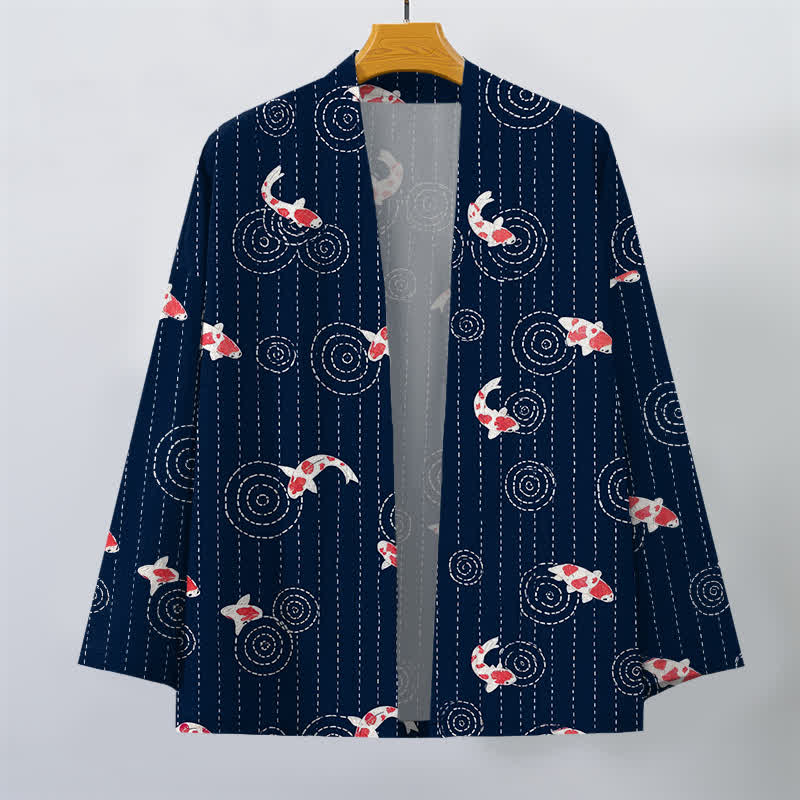 Buddha Stones Kimono da uomo in cotone con motivo a onde di carpa koi e apertura frontale. - image 1