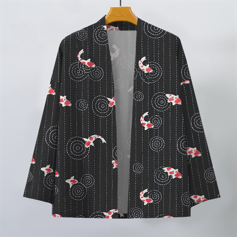 Buddha Stones Kimono da uomo in cotone con motivo a onde di carpa koi e apertura frontale. - image 7