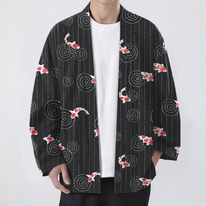 Buddha Stones Kimono da uomo in cotone con motivo a onde di carpa koi e apertura frontale. - Nero - US/UK/AU48, EU58 (4XL) - image 6
