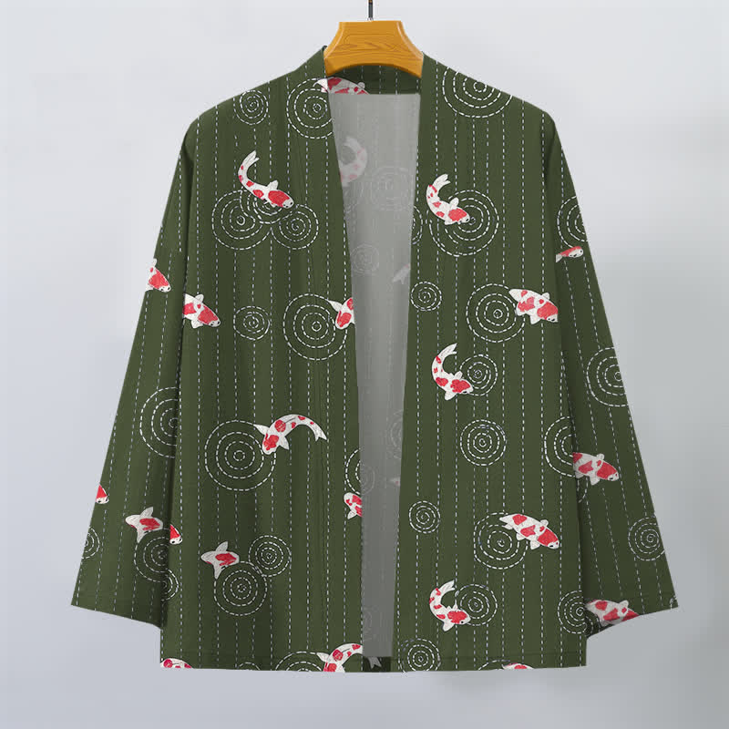 Buddha Stones Kimono da uomo in cotone con motivo a onde di carpa koi e apertura frontale. - image 10