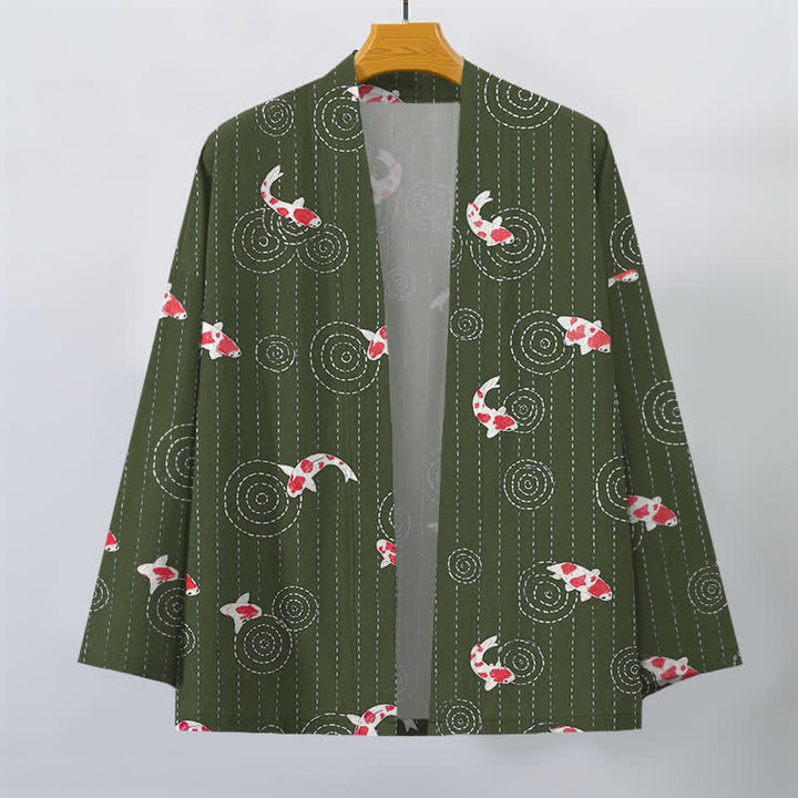 Buddha Stones Kimono da uomo in cotone con motivo a onde di carpa koi e apertura frontale. - image 10