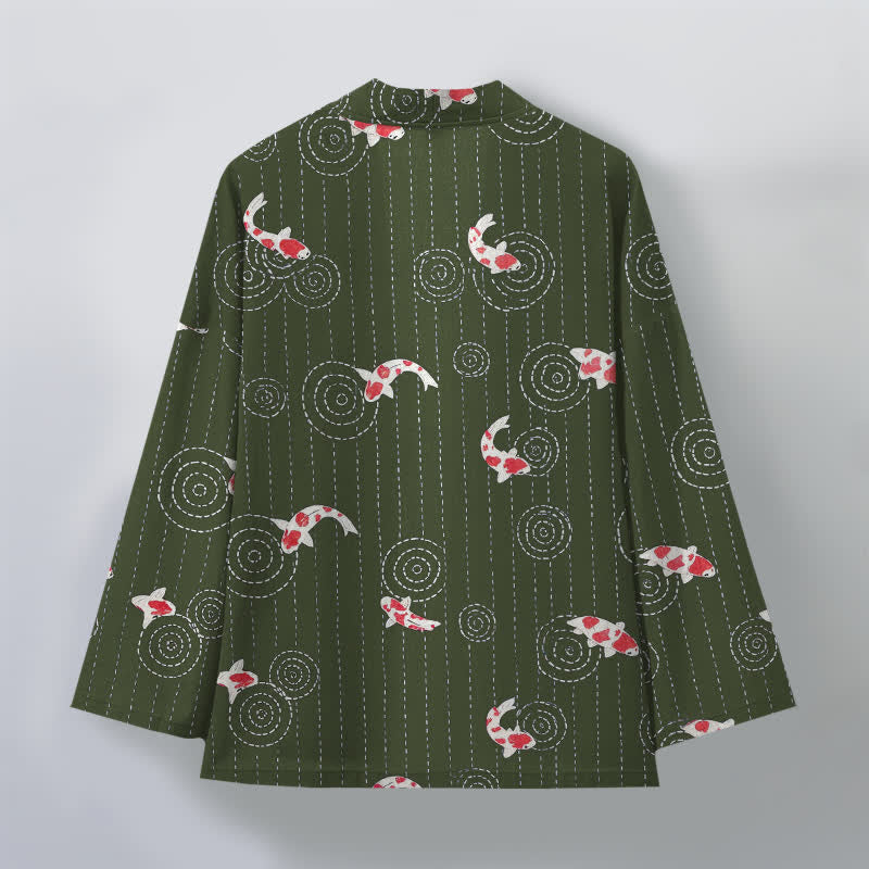Buddha Stones Kimono da uomo in cotone con motivo a onde di carpa koi e apertura frontale. - image 11