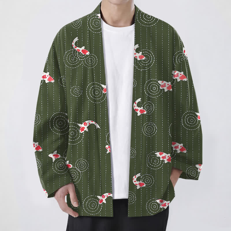Buddha Stones Kimono da uomo in cotone con motivo a onde di carpa koi e apertura frontale. - Verde oliva scuro - US/UK/AU48, EU58 (4XL) - image 9