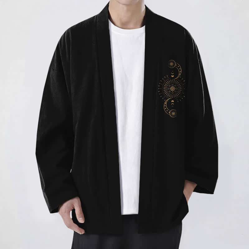 Buddha Stones Kimono da uomo in cotone con apertura frontale e motivo a fasi lunari e sole. - Nero - US/UK/AU48, EU58 (4XL) - image 6