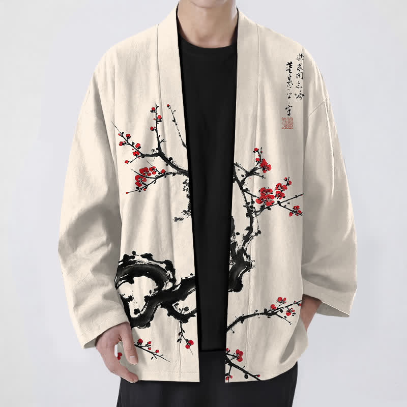 Buddha Stones Kimono da uomo con apertura frontale, fantasia a fiori di pruno, in cotone stampato. - Beige - US/UK/AU48, EU58 (4XL) - image 0