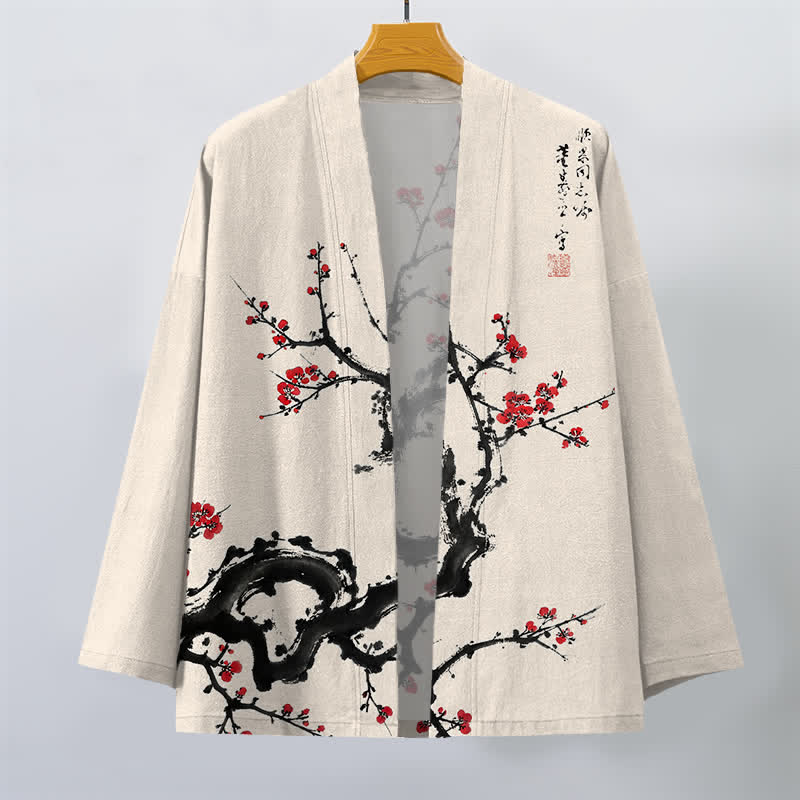 Buddha Stones Kimono da uomo con apertura frontale, fantasia a fiori di pruno, in cotone stampato. - image 1