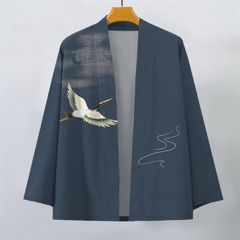 Buddha Stones Kimono da uomo in cotone con motivo a onde lunari e gru, aperto sul davanti. - image 1
