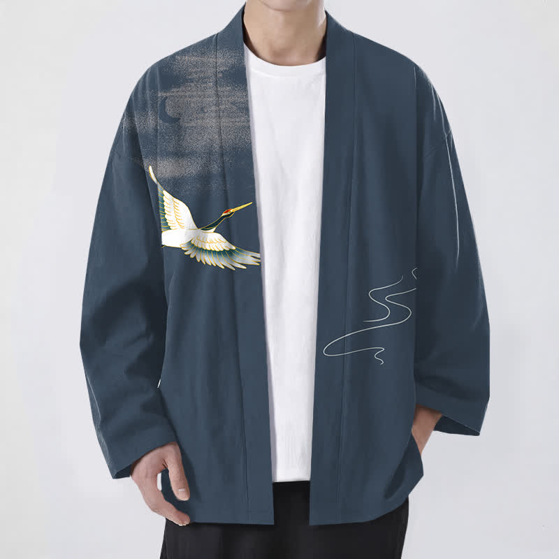 Buddha Stones Kimono da uomo in cotone con motivo a onde lunari e gru, aperto sul davanti. - SteelBlue - US/UK/AU48, EU58 (4XL) - image 0