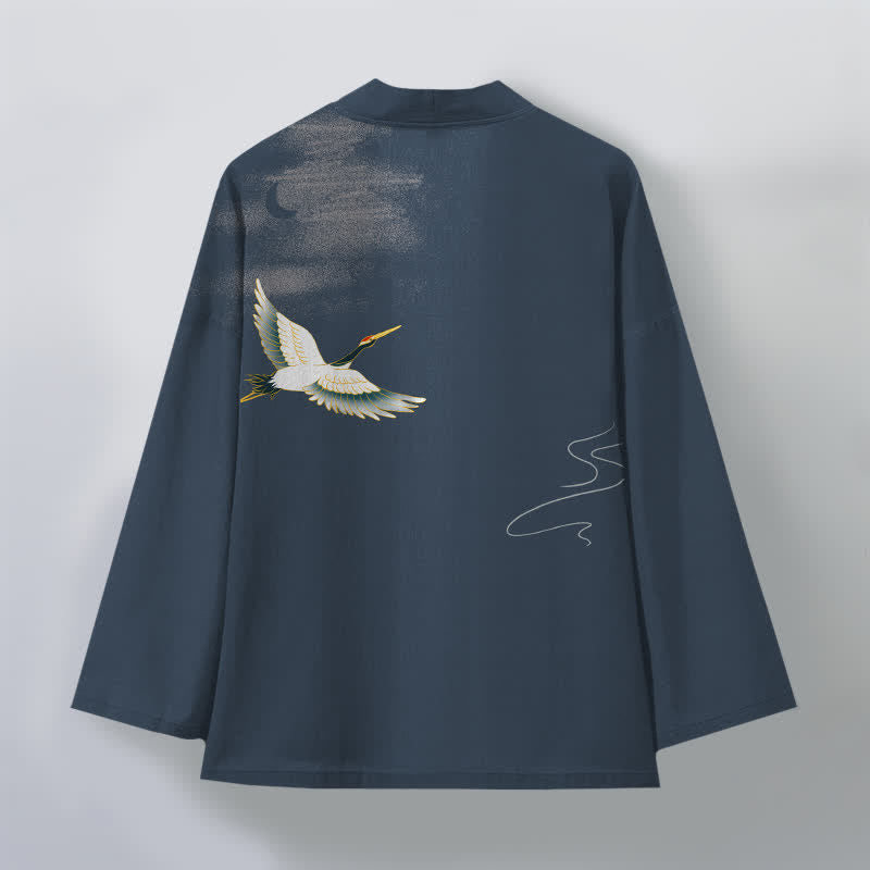 Buddha Stones Kimono da uomo in cotone con motivo a onde lunari e gru, aperto sul davanti. - image 2