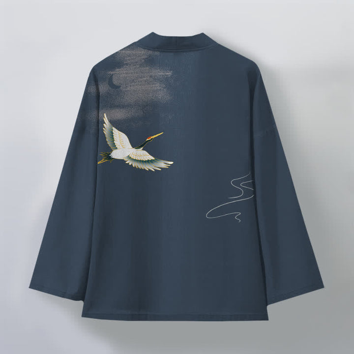 Buddha Stones Kimono da uomo in cotone con motivo a onde lunari e gru, aperto sul davanti. - image 2