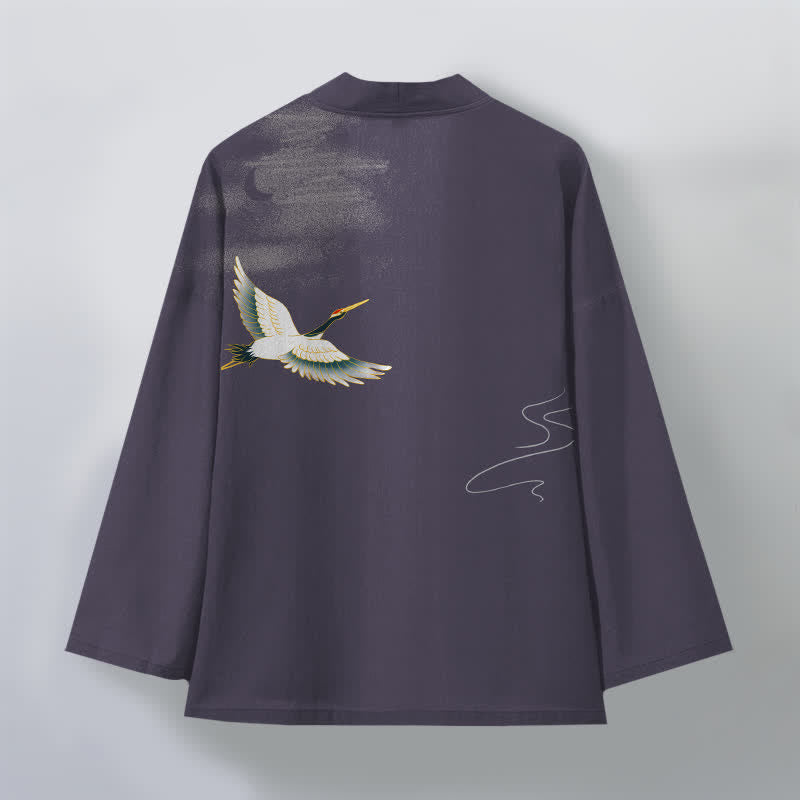 Buddha Stones Kimono da uomo in cotone con motivo a onde lunari e gru, aperto sul davanti. - image 8