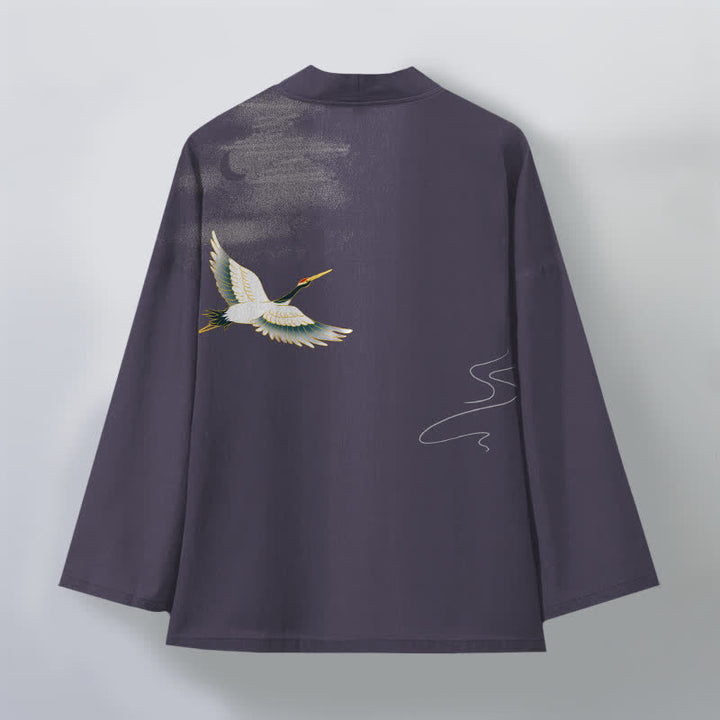 Buddha Stones Kimono da uomo in cotone con motivo a onde lunari e gru, aperto sul davanti. - image 8