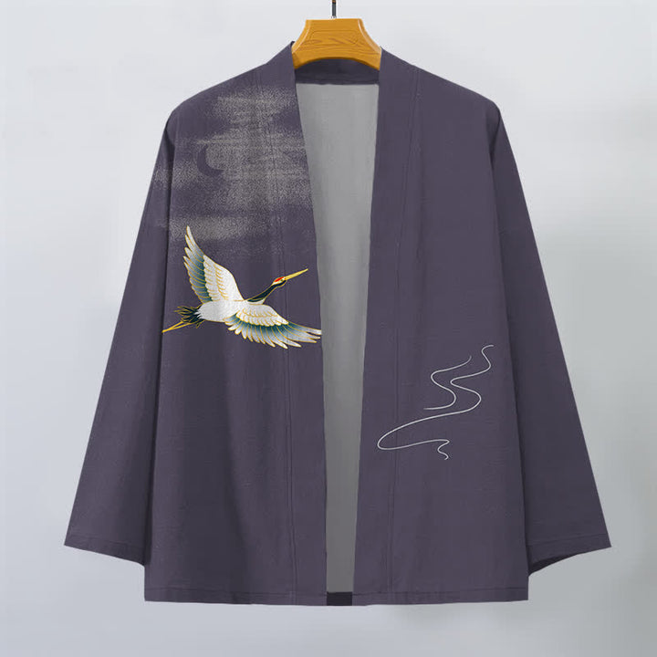 Buddha Stones Kimono da uomo in cotone con motivo a onde lunari e gru, aperto sul davanti. - image 7