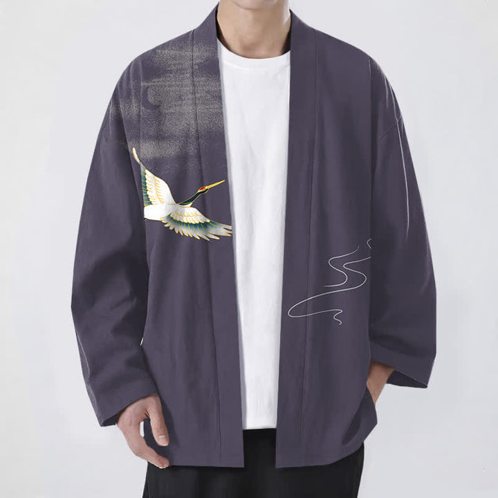 Buddha Stones Kimono da uomo in cotone con motivo a onde lunari e gru, aperto sul davanti. - Viola medio - US/UK/AU48, EU58 (4XL) - image 6