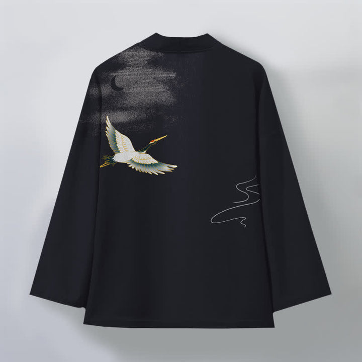 Buddha Stones Kimono da uomo in cotone con motivo a onde lunari e gru, aperto sul davanti. - image 11