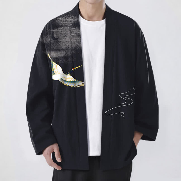 Buddha Stones Kimono da uomo in cotone con motivo a onde lunari e gru, aperto sul davanti. - Nero - US/UK/AU48, EU58 (4XL) - image 9