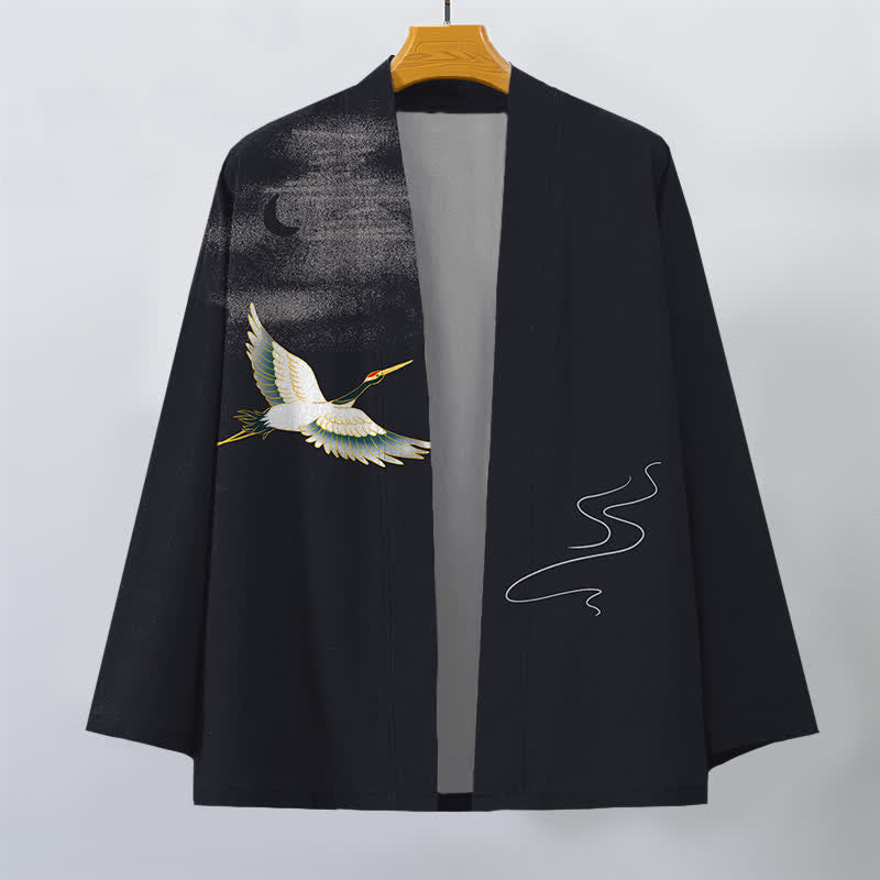 Buddha Stones Kimono da uomo in cotone con motivo a onde lunari e gru, aperto sul davanti. - image 10