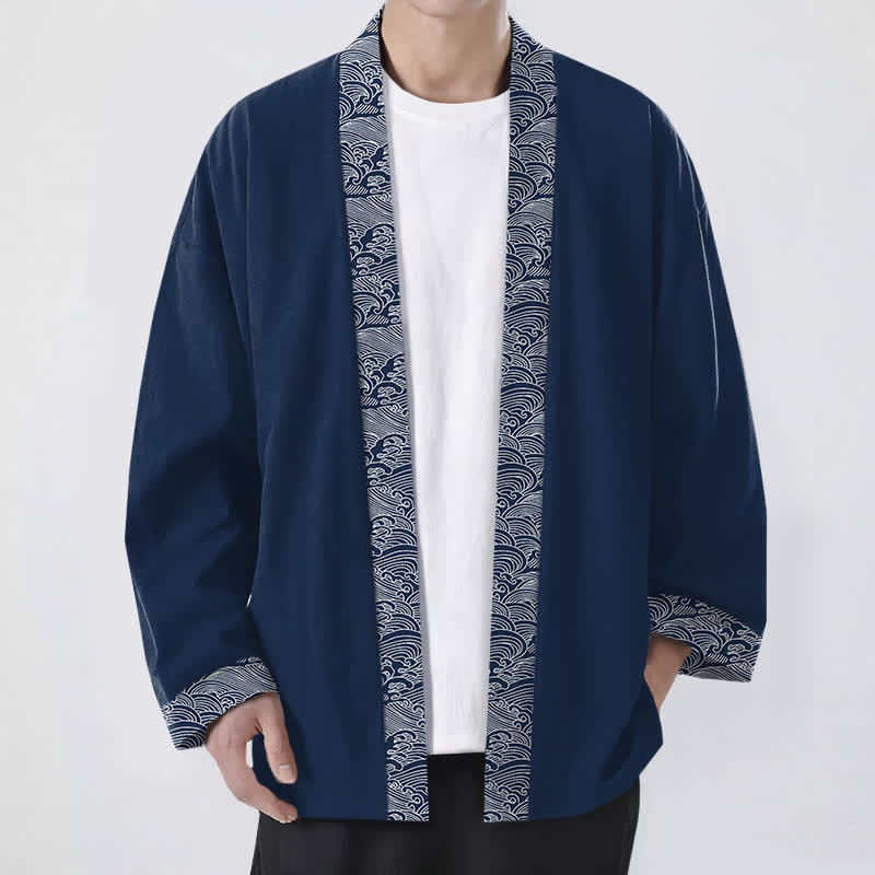 Buddha Stones Kimono da uomo in cotone con bordo a motivo onde oceaniche e apertura frontale. - Marina - US/UK/AU48, EU58 (4XL) - image 0