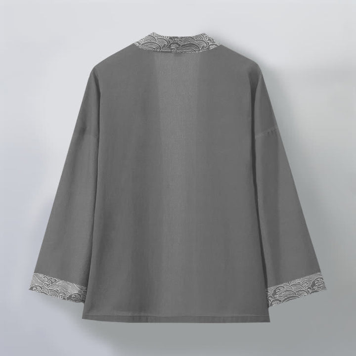 Buddha Stones Kimono da uomo in cotone con bordo a motivo onde oceaniche e apertura frontale. - image 8