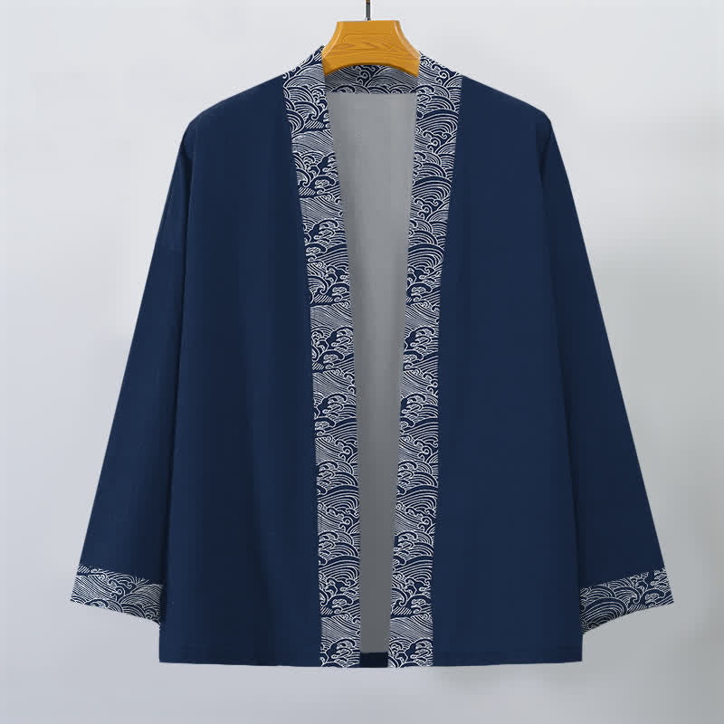 Buddha Stones Kimono da uomo in cotone con bordo a motivo onde oceaniche e apertura frontale. - image 1
