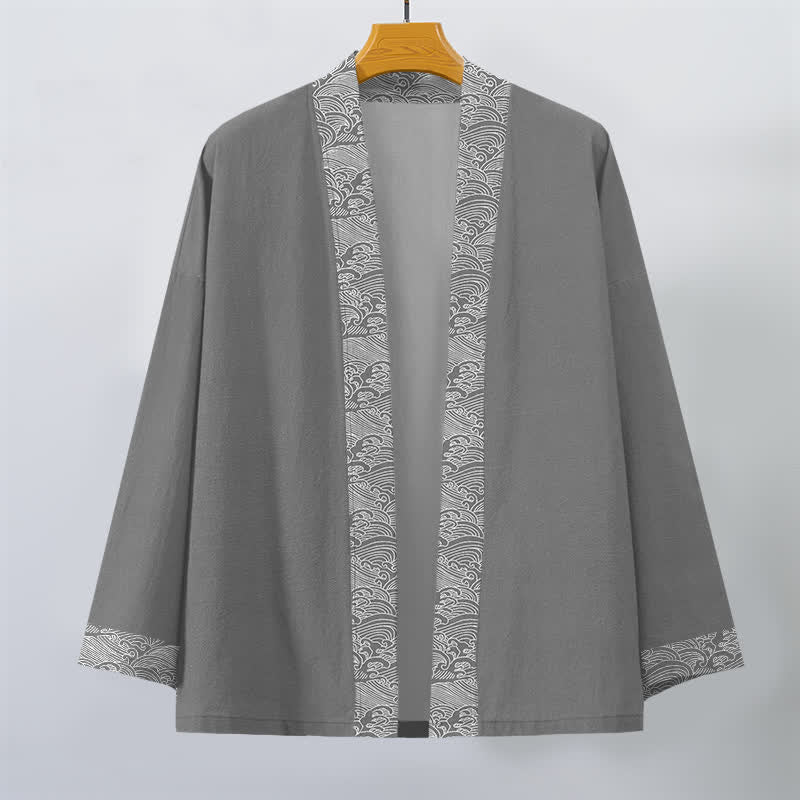 Buddha Stones Kimono da uomo in cotone con bordo a motivo onde oceaniche e apertura frontale. - image 7