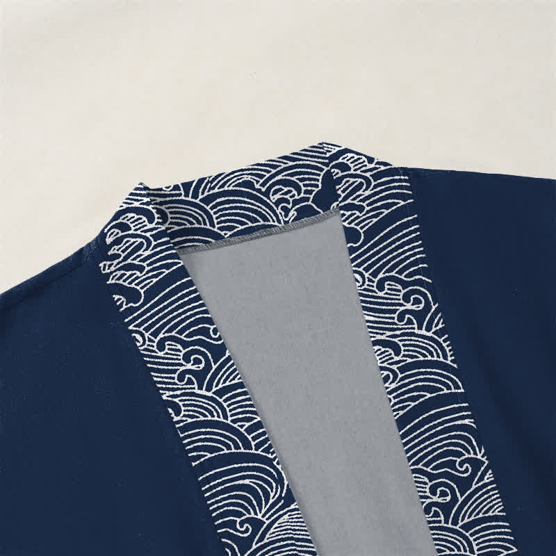 Buddha Stones Kimono da uomo in cotone con bordo a motivo onde oceaniche e apertura frontale. - image 3