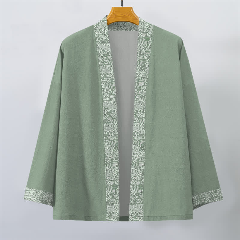 Buddha Stones Kimono da uomo in cotone con bordo a motivo onde oceaniche e apertura frontale. - image 10