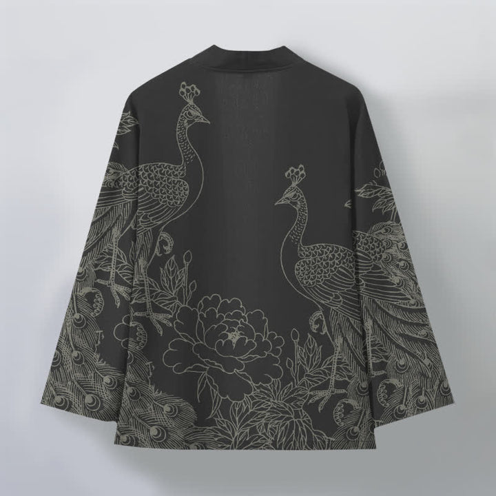 Buddha Stones Kimono da uomo aperto sul davanti in cotone con motivo a pavone e peonia. - image 2