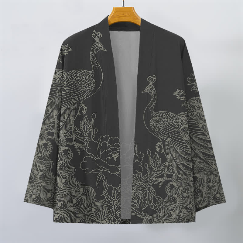 Buddha Stones Kimono da uomo aperto sul davanti in cotone con motivo a pavone e peonia. - image 1